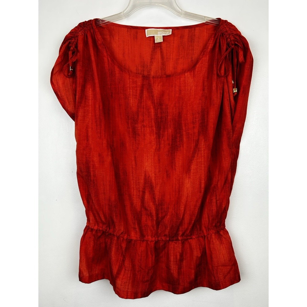 Michael Kors Peplum Top Womens S Tunic Roushed Shoulders Tie Red Office